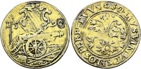 Straßburg, Stadt. . 
Leichter Abschlag von den Stempeln des 1/2 Taler 1590. Auf das Stückschießen, sogen. 1/2 Kanonen­taler. Kanone auf Lafette nach ...