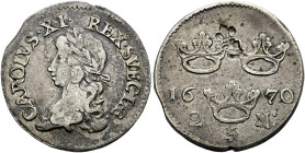 Straßburg, Stadt. . 
Straßburger Gegenstempel "Lilie über dem deutschen Stadtschild" auf: Schweden, Karl XI. 1660-1697, 2 Mark 1670 -Stockholm-. Slg....
