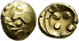 Süddeutschland und angrenzende Gebiete. Vindeliker. 
Goldenes Regenbogenschüsselchen (Stater) "Typ Vogelkopf" 2./1. Jh. v.Chr. Vogelkopf zwischen zwe...