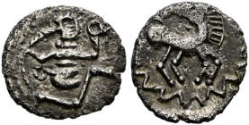 Westliches Deutschland. Hessen / Rheinland-Pfalz. 
Quinar vom Typ "Tanzendes Männlein" ca. 65-40 v. Chr. -Oppidum "Dünsberg"-. Stilisiertes Männlein ...