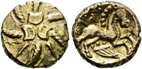 Britannia. Trinovantes. Addedomaros 45-25 v. Chr. 
AV-Stater ca. 37-33 v. Chr. Sechsarmige Spirale, mit drei halbmondförmigen Gebilden dekoriert / Pf...