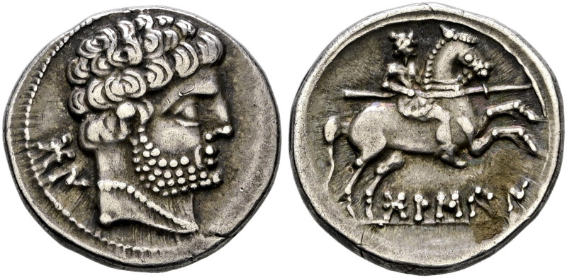Hispania Ulterior. Osca (Bolskan). 
Denar 133-72 v. Chr. Bärtiger Kopf mit lock...