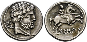 Hispania Ulterior. Osca (Bolskan). 
Denar 133-72 v. Chr. Bärtiger Kopf mit lockigem Haar nach rechts / Behelmter Reiter mit Lanze nach rechts galoppi...