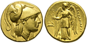 Makedonia. Könige von Makedonien. Alexander III. der Große 336-323 v. Chr. 
Goldstater ca. 328-323 v. Chr. -Lampsakos-. Athenakopf mit korinthischem ...