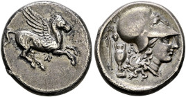 Akarnania. Leukas. 
Stater 320-280 v. Chr. Pegasos fliegt nach rechts / Athenakopf mit korinthischem Helm nach rechts, dahinter Amphore und Weinrebe....