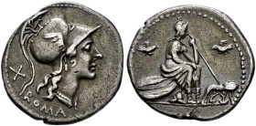 Römische Republik. Anonym nach 211 v. Chr. 
Denar 115-114 v. Chr. -Rom-. Romakopf mit korinthischem Helm nach rechts, dahinter Wertzeichen X, darunte...
