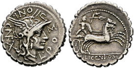 Römische Republik. Magistrate von Narbo 118 v. Chr. 
Denar (Serratus) -Narbo-. Romakopf mit Flügelhelm nach rechts, dahinter Wertzeichen X, darum L P...