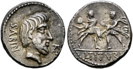 Römische Republik. L. Titurius L. Sabinus 89 v. Chr. 
Denar 89 v. Chr. -Rom-. Bärtiger Kopf des Königs Tatius nach rechts, davor TA (in Ligatur), dah...