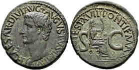 Kaiserzeit. Tiberius 14-37. 
As 15/16 TI CAESAR DIVI AVG F AVGVST IMP VII. Kopf nach links / PONTIF MAXIM TRIBVN POTEST XVII. Weibliche Figur sitzt n...