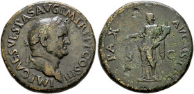 Kaiserzeit. Vespasianus 69-79. Sester. 
71 -Rom-. IMP CAES VESPAS AVG P M TR P P P COS III. Belorbeerte Büste nach rechts / PAX AVGVSTI S C. Pax mit ...