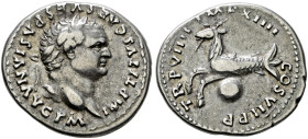 Kaiserzeit. Titus 69-81 (ab 79 Augustus). 
Denar (ab Juli) 79 -Rom-. IMP TITVS CAES VESPASIAN AVG P M. Belorbeerte Büste nach rechts / TR P VIIII IMP...
