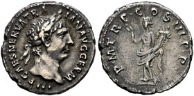 Kaiserzeit. Trajanus 98-117. 
Denar 100 -Rom- IMP CAES NERVA TRAIAN AVG GERM. Belorbeerte Büste nach rechts / P M TR P COS III P P. Pax steht mit Ölz...