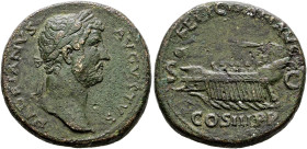 Kaiserzeit. Hadrianus 117-138. 
Sesterz 129/130 -Rom-. HADRIANVS AVGVSTVS. Belorbeerte Büste nach rechts / FELICITATI AVG. Galeere mit Standarte, Ste...