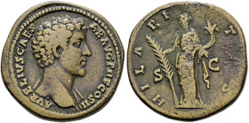 Kaiserzeit. Marcus Aurelius Caesar 138-161. 
Sesterz 145 -Rom-. AVRELIVS CAESAR AVG P II F COS II. Bloße drapierte Büste nach rechts / HILARITAS. Hil...
