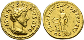Kaiserzeit. Marcus Aurelius 161-180. 
Aureus 161/162 -Rom-. M ANTONINVS AVG. Drapierte Büste nach rechts / SALVTI AVGVSTOR TR P XVI. Salus steht mit ...