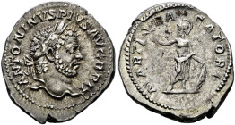Kaiserzeit. Caracalla 198-217. 
Denar 211 -Rom- ANTONINVS PIVS AVG BRIT. Belorbeerte Büste nach rechts / MARTI PACATORI. Mars mit Zweig, Schild und L...