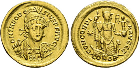 Kaiserzeit. Theodosius II. 402-450. 
Solidus 408/420 -Constantinopolis-. D N THEODOSIVS P F AVG. Behelmte Panzerbüste mit Schild und geschultertem Sp...