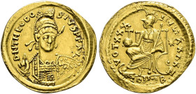 Kaiserzeit. Theodosius II. 402-450. 
Solidus 430/440 -Constantinopolis-. 7. Offizin. D N THEODOSIVS P F AVG. Behelmte Panzerbüste mit Schild und gesc...