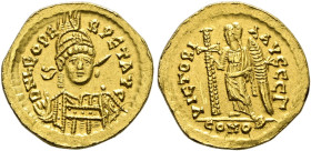 Kaiserzeit. Leo I. 457-474. 
Solidus ab 462 -Constantinopolis-. 3. Offizin. D N LEO PERPET AVG. Behelmte Panzerbüste mit Schild und geschultertem Spe...