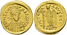 Kaiserzeit. Zeno 476-491, zweite Regierung. 
Solidus -Constantinopolis-. D N ZENO PERP AVG. Behelmte Panzerbüste mit Schild und geschultertem Speer f...