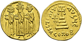 Heraclius 610-641. 
Solidus 639/641 -Constantinopolis-. 5. Offizin. Drei Kaiser (Heraclius, Heraclius Constantinus und Heraclonas) mit Kreuzgloben vo...