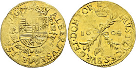 Belgien-Tournai. Albert und Isabella 1598-1621. 
Doppelter Albertin 1604 -Tournai-. Gekrönter, mit der Vliesordens­kette umlegter Wappenschild / Burg...