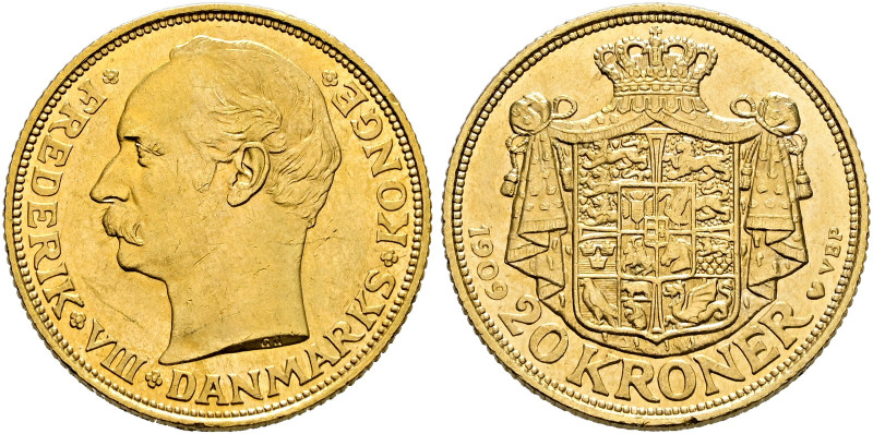 Dänemark. Frederik VIII. 1906-1912. 
20 Kroner 1909. Fr. 297, Schl. 76. 9,00 g...