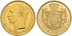 Dänemark. Frederik VIII. 1906-1912. 
20 Kroner 1909. Fr. 297, Schl. 76. 9,00 g
vorzüglich-Stempelglanz