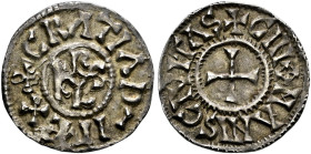 Frankreich-Karolinger. Karl der Kahle 843-877. 
Denar -Le Mans-. +CRATIA D-I REX. Karolusmonogramm / +CINO[=Raute]MANIS CIVITAS. Kreuz. MG 905, Prou ...