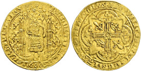 Frankreich-Königreich. Charles V. 1364-1380. 
Franc a' Pied o.J. Von vorn stehender König mit geschultertem Schwert und Zepter im gotischen Torbogen,...