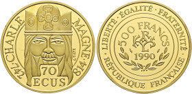Frankreich-Königreich. Fünfte Republik seit 1958. 
500 Francs (= 70 Ecus) 1990. Bedeutende Europäer - Karl der Große. Gad. C6, Fr. 622, KM 990, Schl....