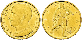 Italien-Königreich. Victor Emanuel III. 1900-1946. 
50 Lire 1933 (Jahr XI) -Rom-. Pagani 660, Fr. 34, Schl. 115. 4,42 g
sehr schön-vorzüglich