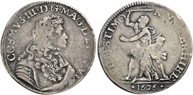 Italien-Toskana/Florenz. Cosimo III. de Medici 1670-1723. 
Lira 1676 -Florenz-. Brustbild im Harnisch mit Feldbinde nach rechts / Szene der Enthauptu...