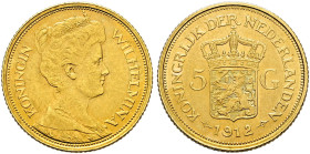 Niederlande-Königreich. Wilhelmina 1890-1948. 
5 Gulden 1912. Fr. 350, Schl. 170. 3,35 g
sehr schön-vorzüglich