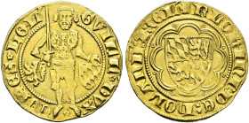 Niederlande-Holland. Wilhelm V. von Bayern 1350-1389. 
Goldgulden (Florin d'or) o.J. (1378/85) -Dordrecht-. Der Graf in Rüstung mit Schwert von vorn ...