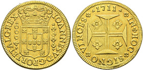 Portugal. Joáo V. 1706-1750. 
4.000 Reis 1711 -Lissabon-. KM 184, Fr. 94. 10,63 g
kleine Henkelspur, winzige Druckstellen im Feld, sonst sehr schön-...