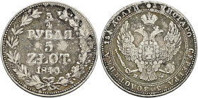 Russland. Nikolaus I. 1825-1855. 
3/4 Rubel zu 5 Zlotych 1840 -Warschau-. Prägung für Polen. Bitkin 1147, Uzdenikov 4157, Kopicki 9436, Gum. 2548.
f...