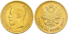 Russland. Nikolaus II. 1894-1917. 
7,5 Rubel 1897 -St. Petersburg-. Ein weiteres Exemplar. Bitkin 17, Uzdenikov 324, Fr. 178. 6,48 g
sehr schön-vorz...