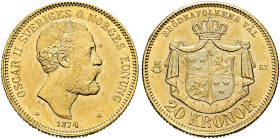 Schweden. Oskar II. 1872-1907. 
20 Kronor 1874 -Stockholm-. Fr. 93, Schl. 105. 9,01 g
vorzüglich-Stempelglanz
