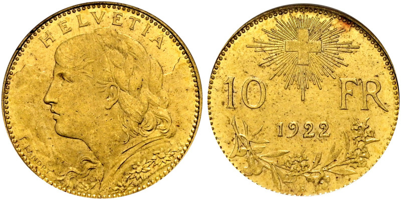 Schweiz-Eidgenossenschaft. . 
10 Franken 1922 B. Vreneli. DT 294, HMZ 2-1196g, ...