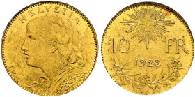 Schweiz-Eidgenossenschaft. . 
10 Franken 1922 B. Vreneli. DT 294, HMZ 2-1196g, Fr. 504. In Plastikholder der NGC (slabbed) mit der Bewertung MS 65
p...