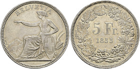 Schweiz-Eidgenossenschaft. . 
5 Franken 1855 auf das Eidgenössische Schützenfest in SOLOTHURN. DT 46, HMZ 2-1343a, Richter 1117a.
sehr selten, klein...