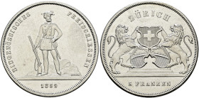 Schweiz-Eidgenossenschaft. . 
5 Franken 1859 auf das Eidgenössische Schützenfest in ZÜRICH. DT 48, HMZ 2-1343c, Richter 1723a.
Haarlinien, sehr schö...