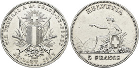 Schweiz-Eidgenossenschaft. . 
5 Franken 1863 auf das Eidgenössische Schützenfest in LA CHAUX-de-FONDS. DT 50, HMZ 2-1343e, Richter 944a.
leicht gepu...