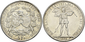Schweiz-Eidgenossenschaft. . 
5 Franken 1869 auf das Eidgenössische Schützenfest in ZUG. DT 53, HMZ 2-1343h, Richter 1671b.
kleine Kratzer, vorzügli...
