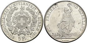Schweiz-Eidgenossenschaft. . 
5 Franken 1872 auf das Eidgenössische Schützenfest in ZÜRICH. DT 54, HMZ 2-1343i, Richter 1731a.
vorzüglich-Stempelgla...