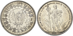 Schweiz-Eidgenossenschaft. . 
5 Franken 1879 auf das Eidgenössische Schützenfest in BASEL. DT 57, HMZ 2-1343l, Richter 92b.
vorzüglich-Stempelglanz...