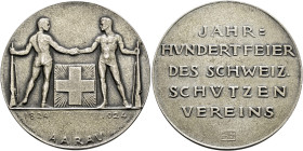 Schweiz-Aargau. . 
Mattierte Silbermedaille 1924 von Schwyzer und Frei, auf das Eidgenössische Schützenfest zur 100-Jahrfeier des Schweizer Schützenv...