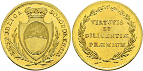 Schweiz-Solothurn. . 
Goldene Schulprämienmedaille im Gewicht von 3 Dukaten o.J. (nach 1761) unsigniert. Gekrönter Wappenschild auf Palm- und Lorbeer...