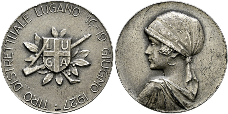 Schweiz-Tessin. . 
Mattierte Silbermedaille 1927 unsigniert, auf das "Tiro dist...